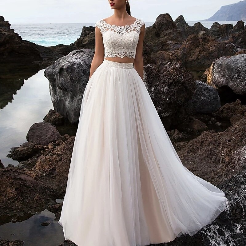 Beach Wedding Hall Casual Wedding Dresses Separates Illusion Neck Cap Sleeve Separates Lace Bridal Tops Bridal Gowns With Appliques ( Top Only )4
