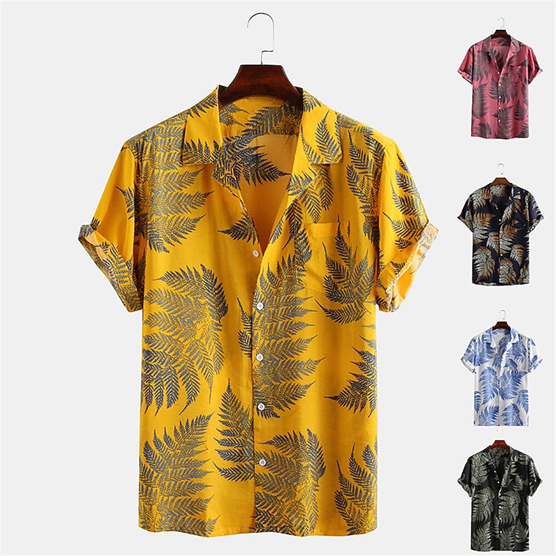 Men's Palm Leaf Tropical Plants Shirt Summer Hawaiian Shirt Camp Collar Shirt Short Sleeve Shirt Collar Turndown Fashion Hawaiian Designer Outdoor Vacation Street Yellow Pink Green Print S M L