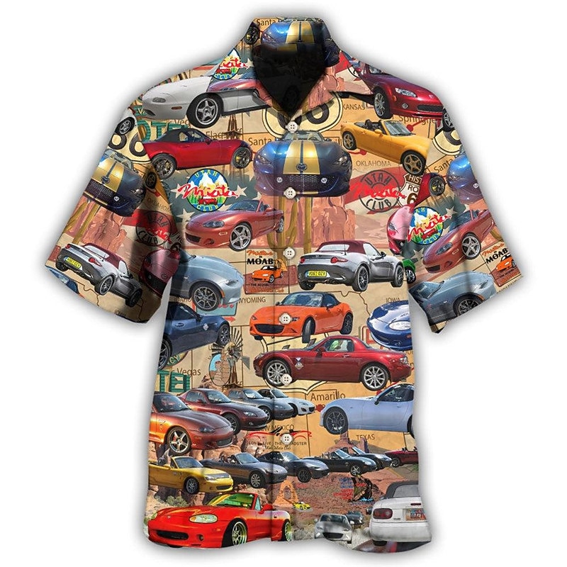 Men's Car Shirt Summer Hawaiian Shirt Aloha Shirt Short Sleeve Shirt Turndown Tropical Fashion Hawaiian Casual Hawaiian Holiday Yellow S M L3