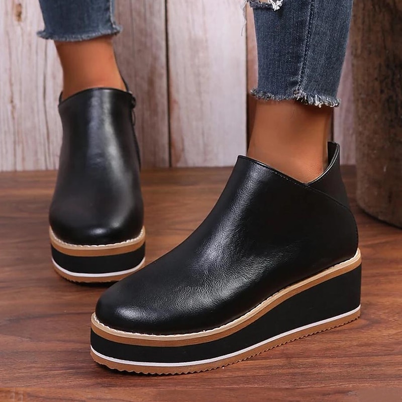 Chic Women's Black Platform Wedge Ankle Boots - Casual and Trendy Footwear for Everyday Wear3