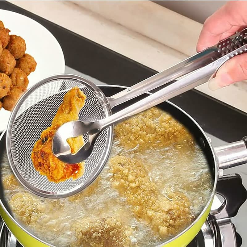 Stainless Steel Fine Mesh Strainer Tongs Oil Filter Spoon 2 in 1 Oil Skimmer Colander with Clip for Filter Oil-frying Multi-functional BBQ Filter Clamp Strainer Kitchen Tools (Oil Filter Tongs)2