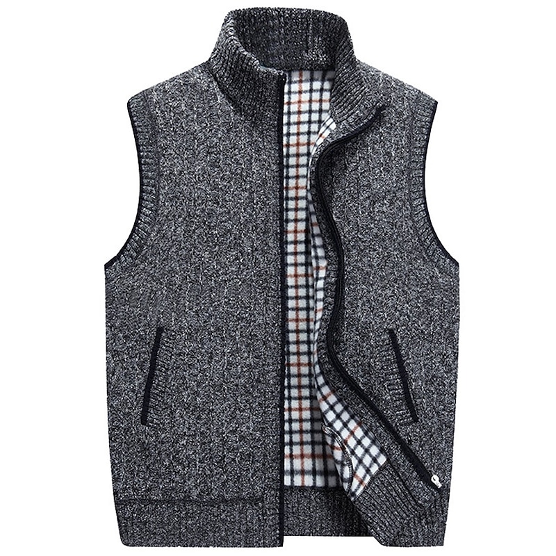 Men's Sweater Vest Cardigan Zip Sweater Sweater Jacket Fleece Sweater Knit Knitted Solid Color Stand Collar Modern Contemporary Outdoor Casual Clothing Apparel Winter Black Wine S M L3
