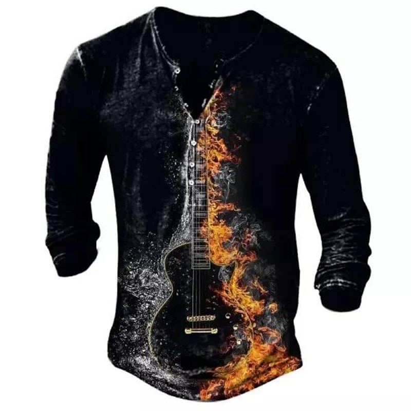 Men's Halloween Graphic Musical Instrument Henley Shirt Tee Long Sleeve 3D Print Fashion Designer Comfortable Outdoor Casual Daily Spring &  Fall Black Henley Henley T-Shirt