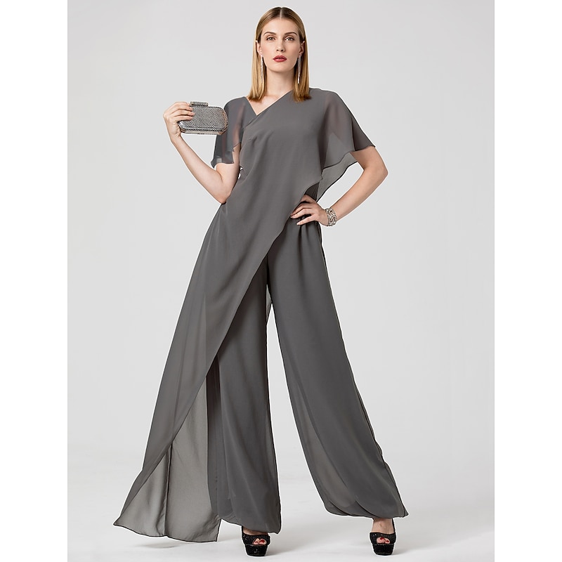 Jumpsuits Evening Gown Elegant Dress Summer Floor Length Short Sleeve V Neck Detachable Chiffon with Criss Cross