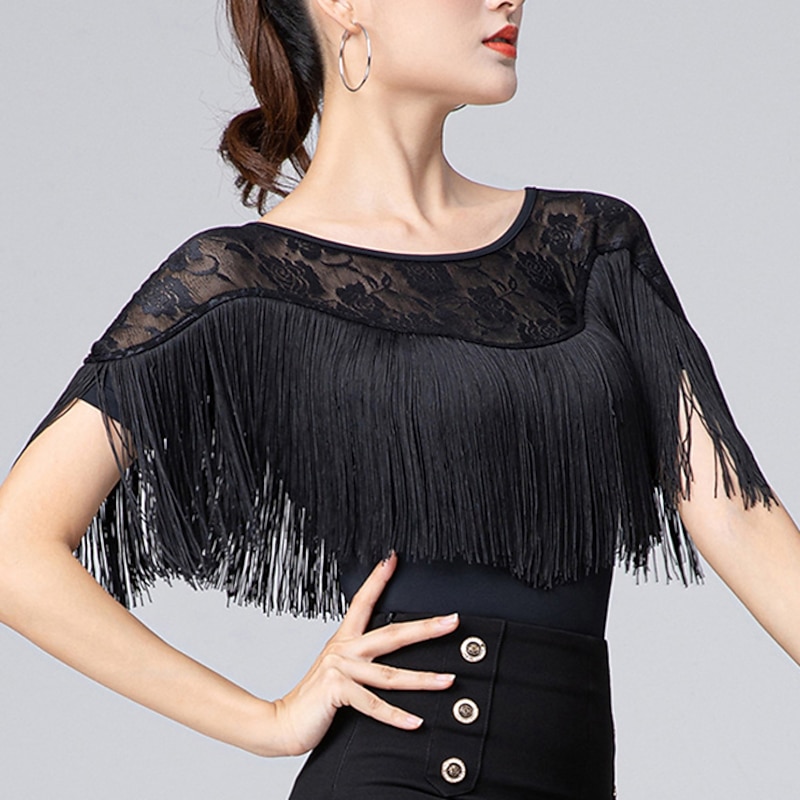 Latin Dance Activewear Top Lace Fringed Tassel Ruching Women's Performance Training Short Sleeve High Polyester