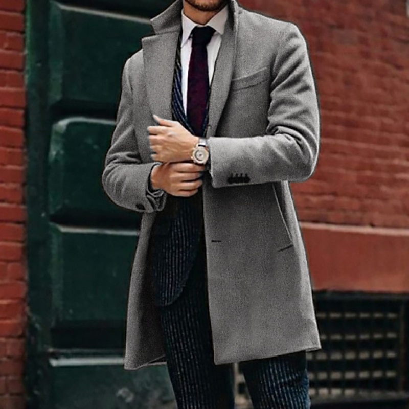 Men's Winter Coat Overcoat Trench Coat Outdoor Business Fall Winter Polyester Warm Outerwear Clothing Apparel Streetwear Casual Solid Color Quilted Notch lapel collar Single Breasted3