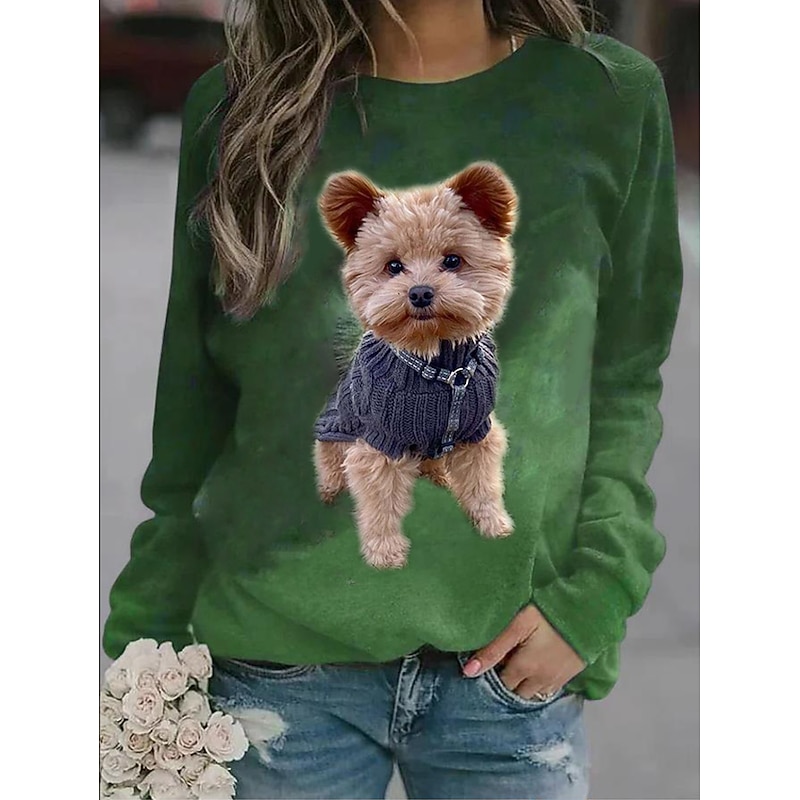 Women's Plus Size Dog Basic Long Sleeve Round Neck Crewneck Regular Tops Street Casual Navy Blue Purple Green Gray Fall & Winter3