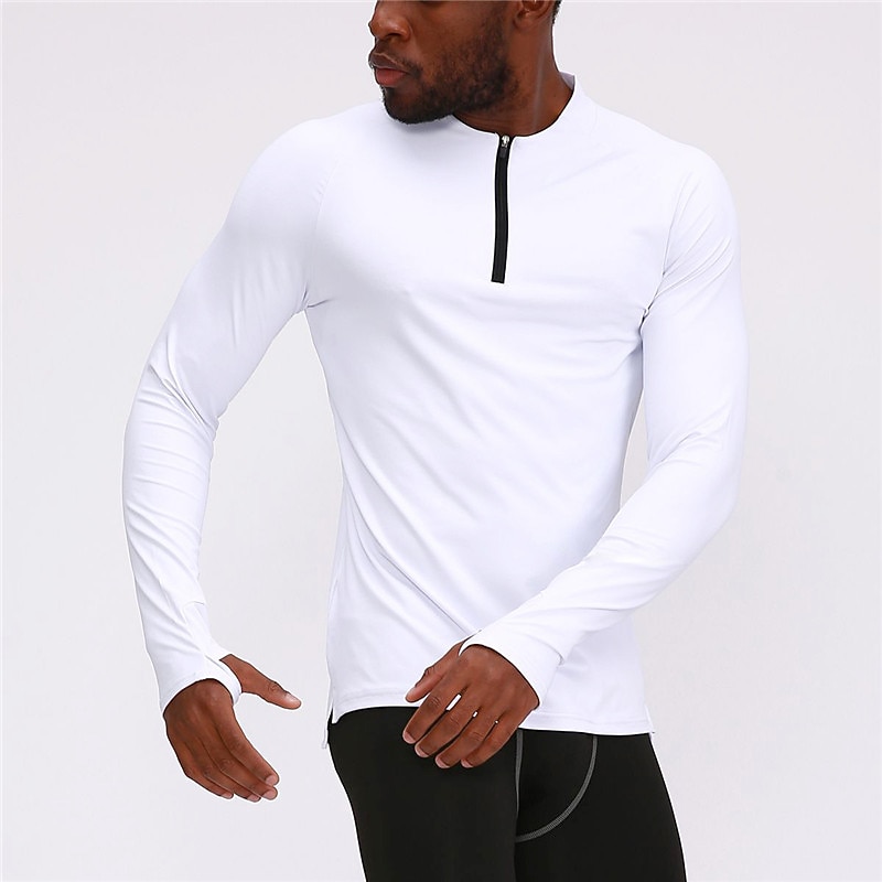 Men's Muscle Shirt Moisture Wicking Shirts Zip Half Shirt Tee Top Long Sleeve Standing Collar Spring &  Fall Plain Sports Fashion Workout Zipper Quick Dry Thumbhole Sports & Outdoor Street Daily4