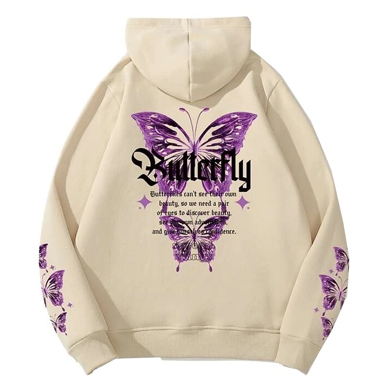 Men's Butterfly Hoodie Hoodies Sweatshirt Streetwear Cool Long Sleeve Hooded Holiday Going out Light Khaki. Black Lace up Pocket Winter Spring &  Fall Designer2