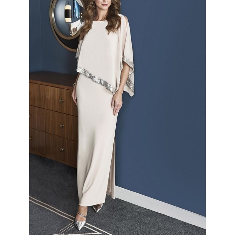 Beach Wedding Sheath Mother of the Bride Dress Wedding Guest Elegant Sparkle & Shine Jewel Neck Ankle Length Chiffon 3/4 Length Sleeve with Sequin Split Front free custom size
