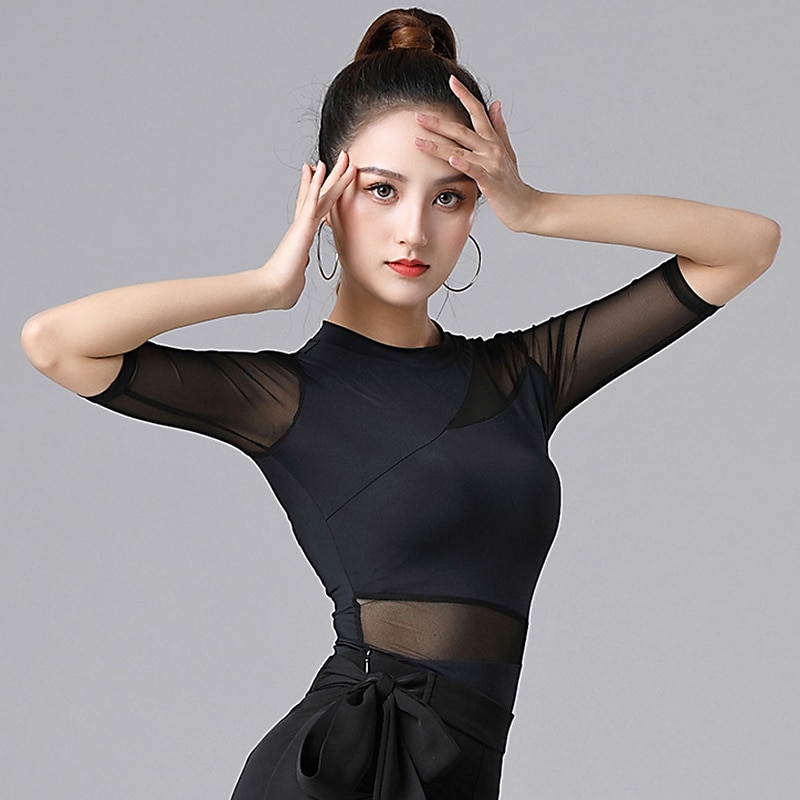 Latin Dance Activewear Top Pure Color Splicing Women's Performance Training Half Sleeve High Cotton Blend2