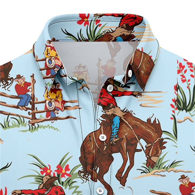 Kentucky Derby Men's Cowboy Shirt Summer Hawaiian Shirt Aloha Shirt Short Sleeves Shirt Turndown Vintage Tropical Fashion Street Casual Hawaiian Blue S M L2
