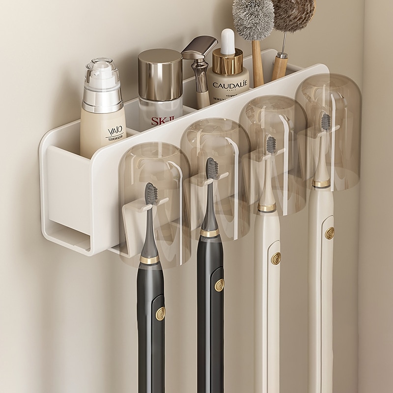 White Toothbrush Rack Bathroom Toilet Non Perforated Wall Mounted Electric Mouthwash Cup Brush Cup Wall Mounted Space Aluminum Storage Rack
