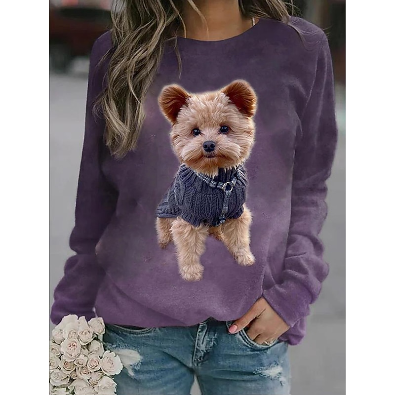 Women's Plus Size Dog Basic Long Sleeve Round Neck Crewneck Regular Tops Street Casual Navy Blue Purple Green Gray Fall & Winter2