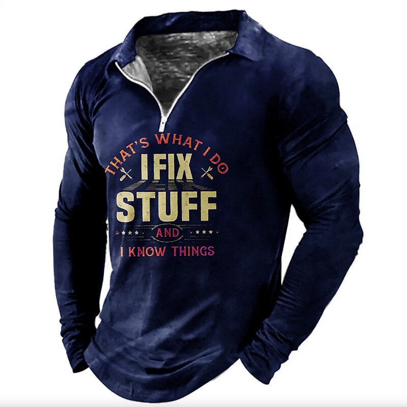 Men's Funny I Fix Stuff Zip Polo Shirts Golf Shirt Long Sleeve Polo Shirts Collared Shirts Vintage Casual Streetwear Festival Wear Party Outfits 3D Print Quarter Zip Polo Black Wine Blue4