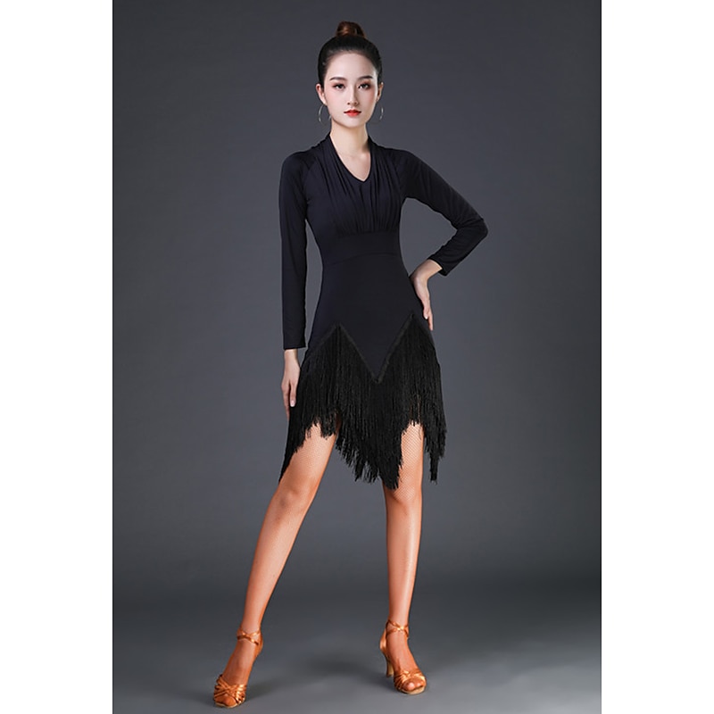 Latin Dance Dress Tassel Pure Color Women's Performance Training Long Sleeve High Terylene3