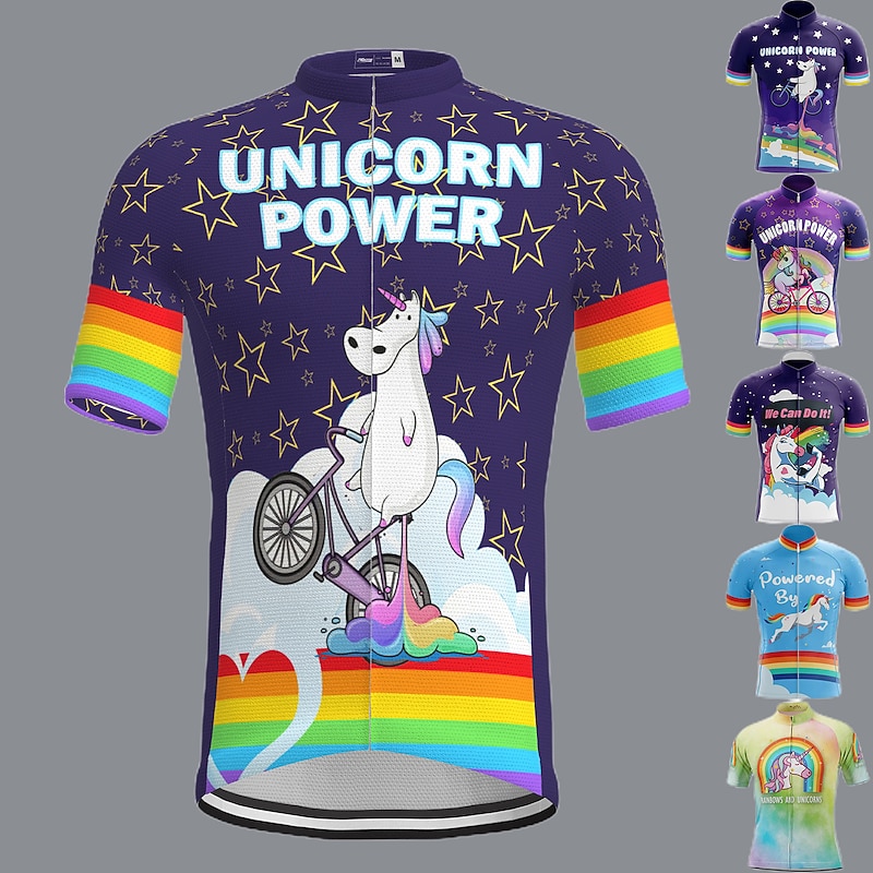 Men's Cycling Jersey Rainbow Unicorn Funny Short Sleeve Bike Jersey Top with 3 Rear Pockets Mountain Bike MTB Road Bike Cycling Quick Dry Soft Reflective Strips Back Pocket Sports Navy White Yellow2