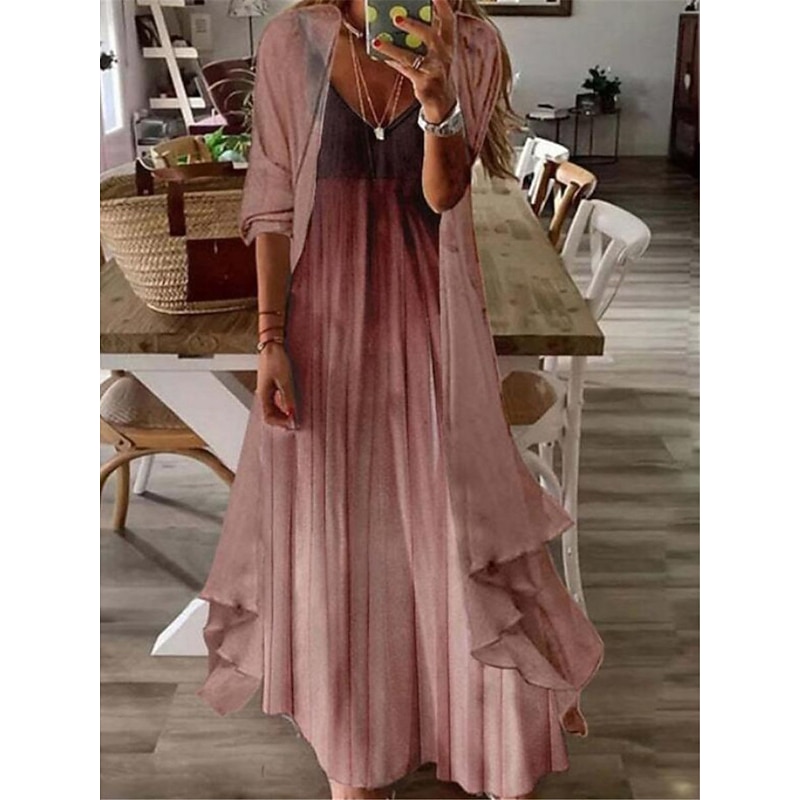 Women's Long Dress Maxi Dress Casual Dress Dress Set Two Piece Dress Shift Dress Fashion Outdoor Daily Going out Loose Fit Ombre Tribal Flower Long Sleeve V Neck Pink Brown Green Apricot Summer Spring3