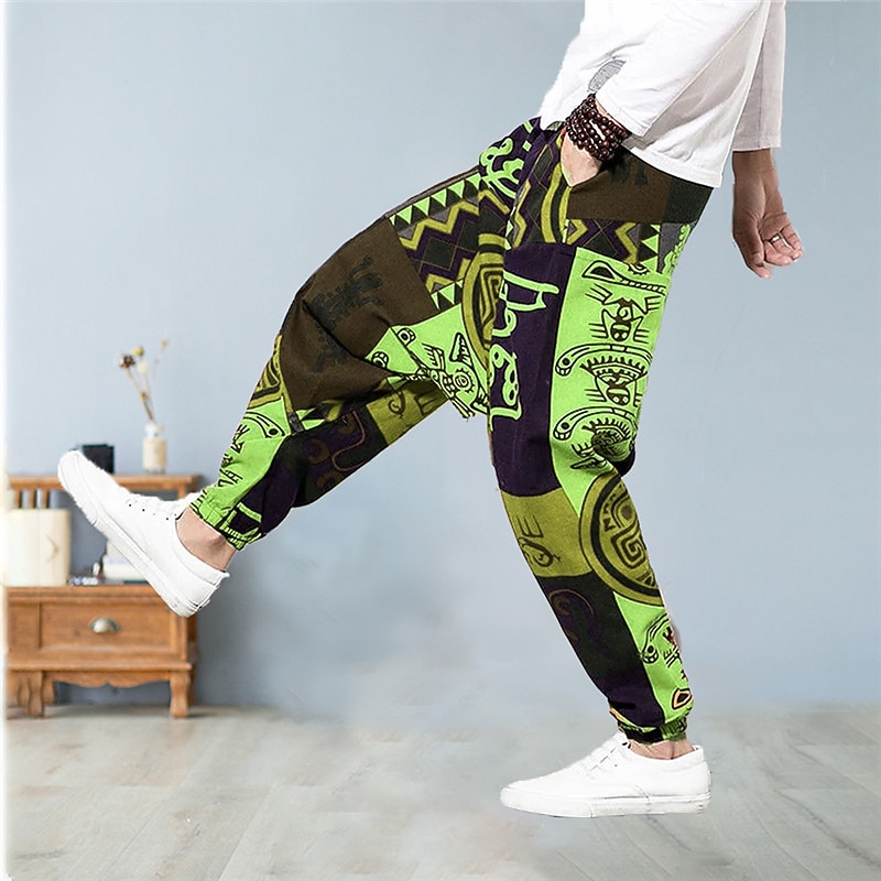 Men's Trousers Summer Pants Bloomers Baggy Harem Pants Drawstring Elastic Waist Graphic Prints Comfort Casual Daily Holiday Cotton Blend Sports Designer Purple Orange Micro-elastic2