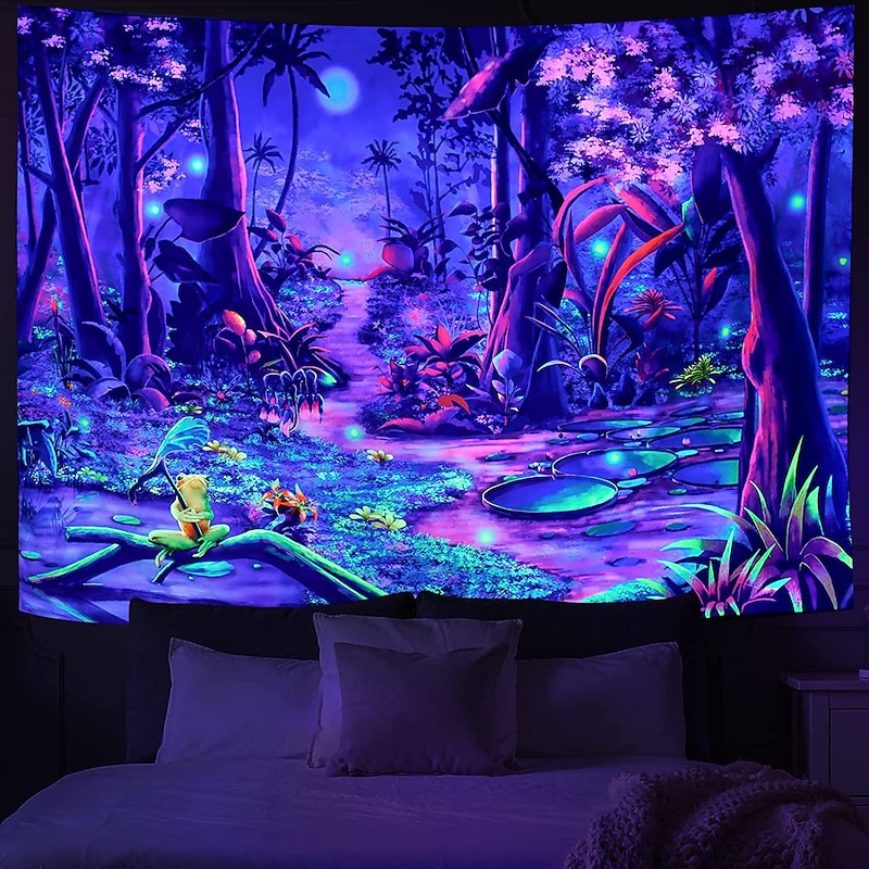 Blacklight Tapestry UV Reactive Glow in the Dark Glow Party Neon Wonderland Psychedelic Trippy Misty Hanging Tapestry Wall Art Mural for Living Room Bedroom