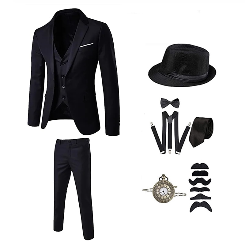 Vintage Roaring 20s 1920s Outfits Suits & Blazers Accesories Set The Great Gatsby Gentleman Solid Color Halloween V Neck Fancy Dress Men's Halloween Halloween Bachelorette Party Adults' Cravat Coat2