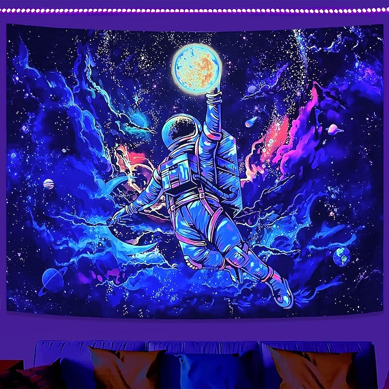 Astronaut Blacklight UV Reactive Wall Tapestry Moon Basketball Art Decor Blanket Curtain Picnic Tablecloth Hanging Home Bedroom Living Room Dorm Decoration Gift Polyester2