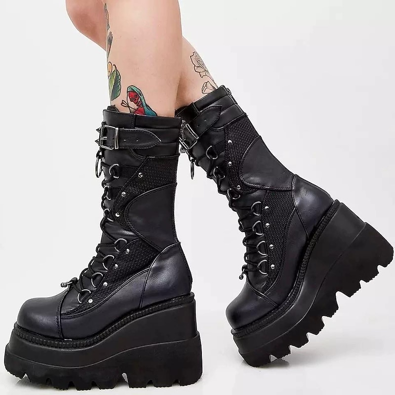 Women's Shoes Mid Calf Combat Boots Round-Toe Punk Lolita Punk & Gothic Chunky Heel Shoes Lolita Black White PU Leather3