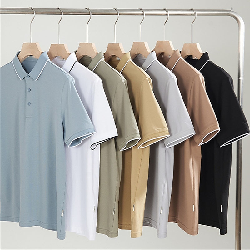 Men's Polo Shirt Golf Shirt Outdoor Casual Polo Collar Ribbed Polo Collar Short Sleeve Fashion Streetwear Solid Color Plain Button Front Summer Spring Regular Fit Black White Yellow Dusty Blue Brown