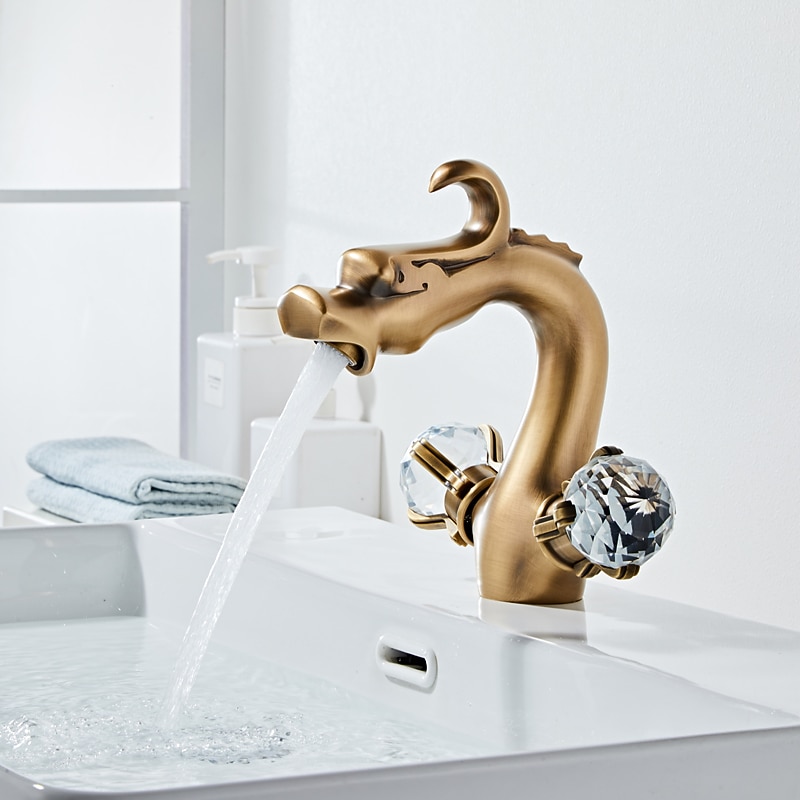 Bathroom Sink Faucet,Crystal Handle Dragon Shape Antique Brass Two Handle One Hole Bath Tap with Hold and Hot Switch3