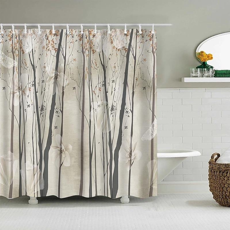 Shower Curtain with Hooks 180cm*180cm(70"*70") Polyester Washable Waterproof Landscape Plant Leaf Pattern4
