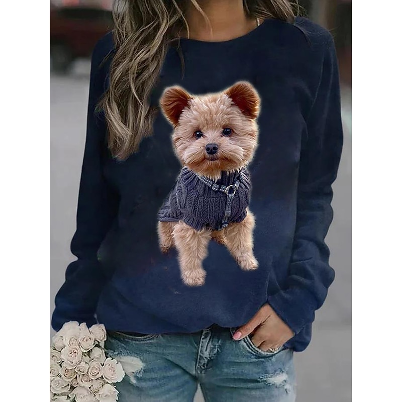 Women's Plus Size Dog Basic Long Sleeve Round Neck Crewneck Regular Tops Street Casual Navy Blue Purple Green Gray Fall & Winter