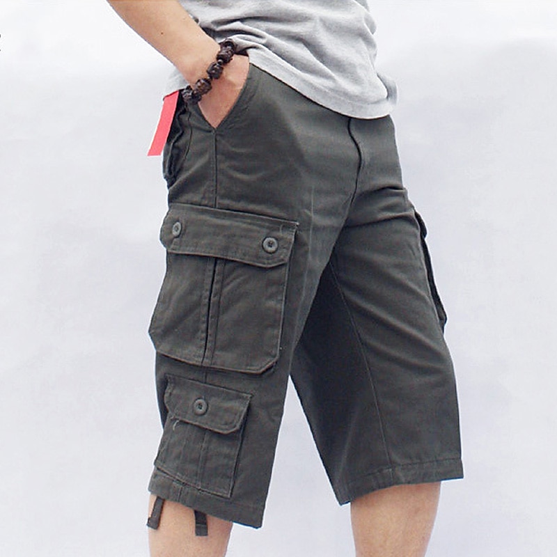 Men's Capri Cargo Shorts Leg Drawstring Multi Pocket Plain Calf-Length Streetwear Classic Style Black Army Green3