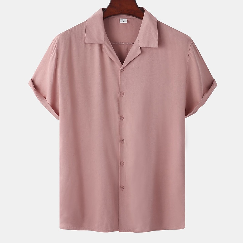 Men's Shirt Summer Shirt Casual Shirt Cuban Collar Shirt Button Up Shirt Camp Collar Shirt White Yellow Pink Wine khaki Short Sleeve Plain Turndown Vacation Street Buttons Clothing Apparel Polyester4
