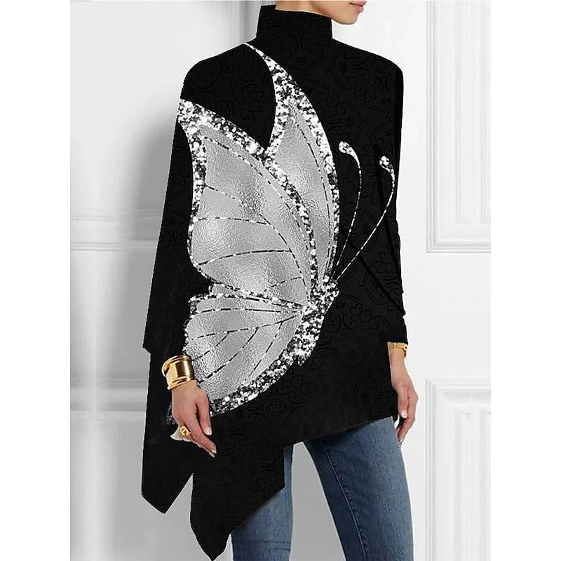 Women's T shirt Long Sleeve Plus Size Shirt Blouse Basic Butterfly Print Long Sleeve Regular Tops Turtleneck High Neck Casual Silver Black White Yellow Gray Spring Fall Prefall4