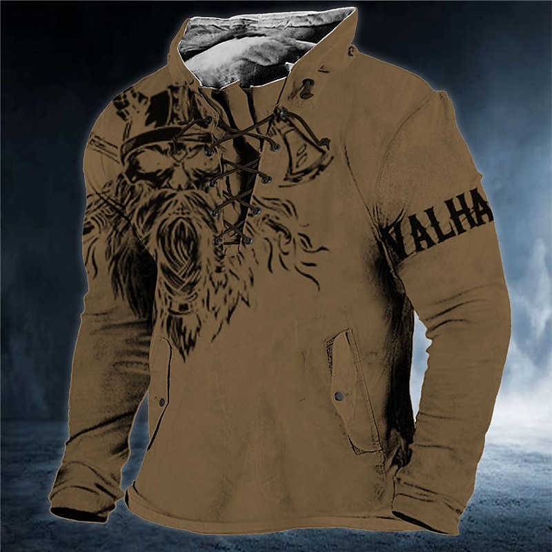 Men's Cartoon Viking Warrior Graphic Prints Sweatshirt Pullover Long Sleeve Sweatshirt Standing Collar Streetwear Designer Basic 3D Print Sports & Outdoor Casual Daily Lace up Spring &  Fall2