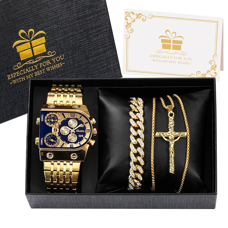 Oulm Men Quartz Watch Set Business Men's Wrist Watch Gift Set Luxury Gold Necklace Bracelet Stainless Steel Strap Square Dial New Year Gift Christmas Gift 8