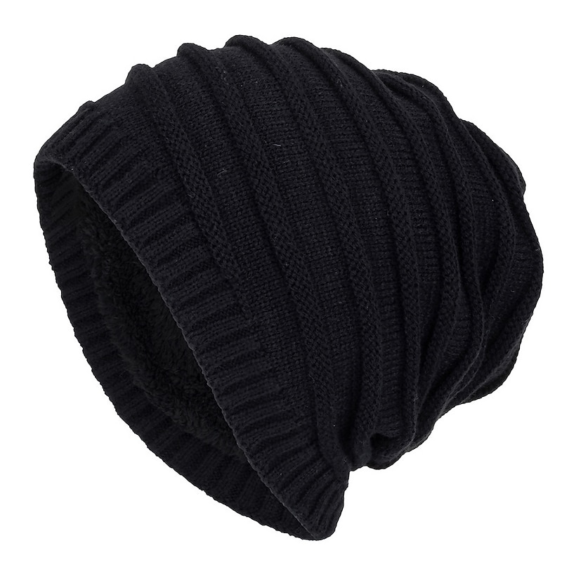 Men's Beanie Hat Winter Hats Cap Knit Cuffed Black Wine Acrylic Fibers Knitted Fleece Fashion Traditional / Classic Outdoor clothing Casual Daily Plain Warm2