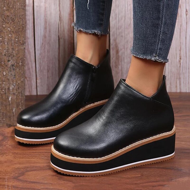 Chic Women's Black Platform Wedge Ankle Boots - Casual and Trendy Footwear for Everyday Wear4