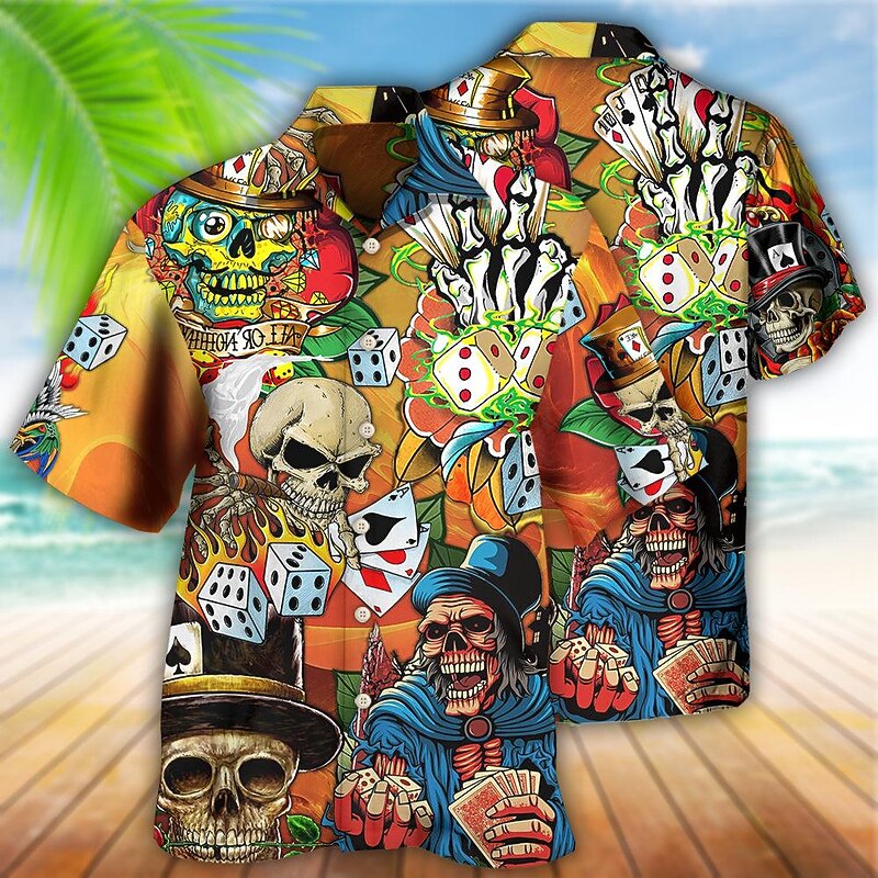 Halloween Mens Graphic Shirt Summer Hawaiian Skull Prints Poker Turndown Yellow Casual Holiday Short Sleeve Button Clothing Apparel Tropical Skulls Dice And Playing Cards Of The Dead Orange Cotton Gam