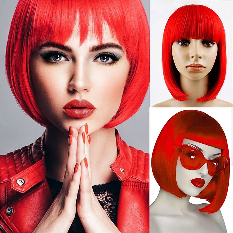 Red Bob Wig With Bangs 12 Inch Short Synthetic Fiber Bob Wigs for Women Short Bob Wigs and Halloween Cosplay Bob Wig2