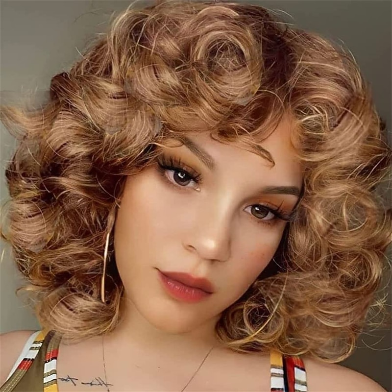 Short Curly Wigs for Black Women Afro Curly Wigs with Bangs Big Curly Wig Blonde Wigs for Black Women Light Brown Short Wigs Black Synthetic Hair Natural Wigs