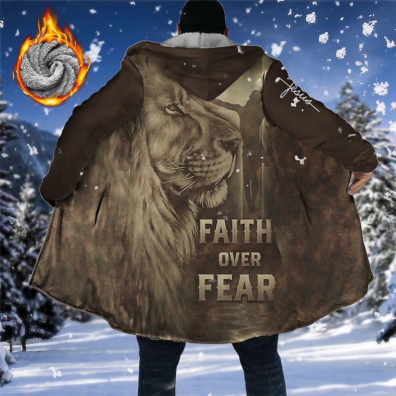 Men's Lion Letter Graphic Prints Winter Coat Fleece Jacket Coat Warm Comfortable Breathable Fashion Streetwear Sport Sports & Outdoor Daily Wear Going out Zipper Pocket Print Fall & Winter Hoodie