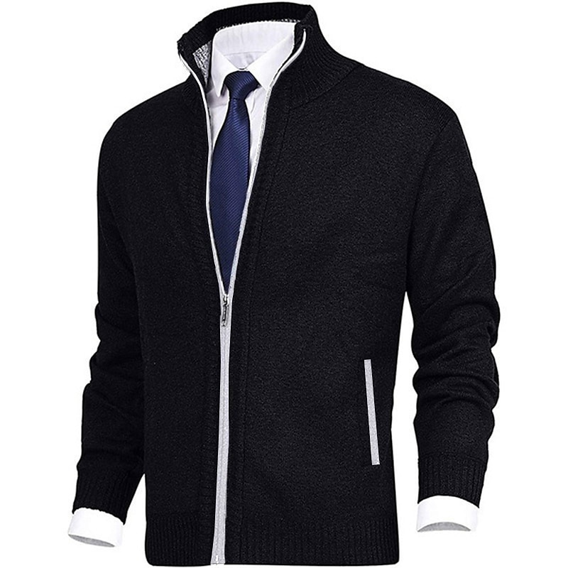 Men's Sweater Cardigan Sweater Dress Sweater Zip Sweater Ribbed Knit Zipper Pocket Solid Color Stand Collar Warm Ups Modern Contemporary Daily Wear Going out Clothing Apparel Fall Winter Black Dark4
