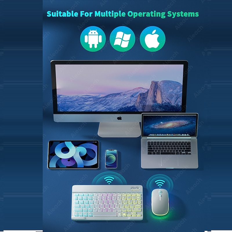 Keyboard and Mouse Combo For Tablet Android iOS Windows, Wireless Slim Mouse Keyboard Combo, Bluetooth Rainbow Backlit Keyboard4
