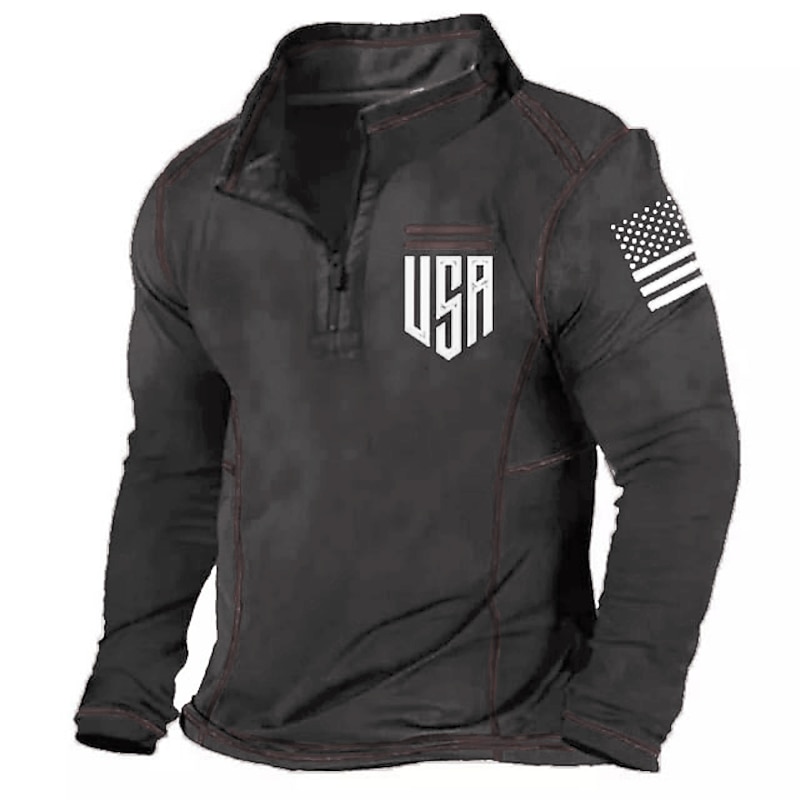 Men's Long Sleeve Quarter-Zip USA American Flag Patriotic Pullover Shirt3