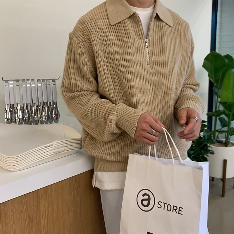 Men's Sweater Zip Sweater Pullover Polo Sweater Pullover Ribbed Knit Tunic Half Zip Knitted Plain Turndown Keep Warm Modern Contemporary Work Daily Wear Clothing Apparel Fall & Winter Black Khaki M L4