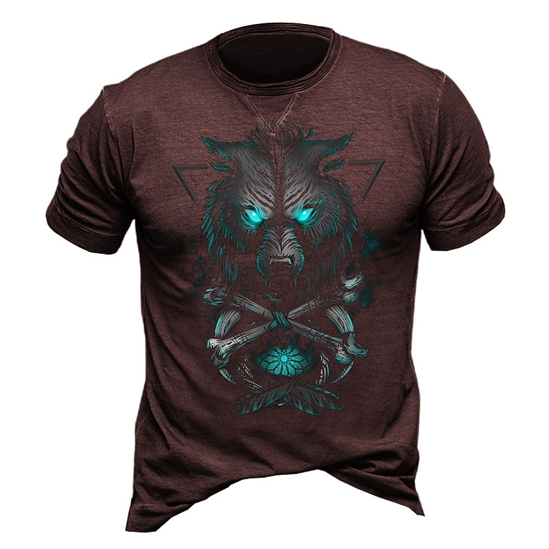 Mens Graphic Tee, Fierce Wolf Head with Glowing Eyes Print, Tribal Bones Design, Dark Blue Casual T-Shirt4