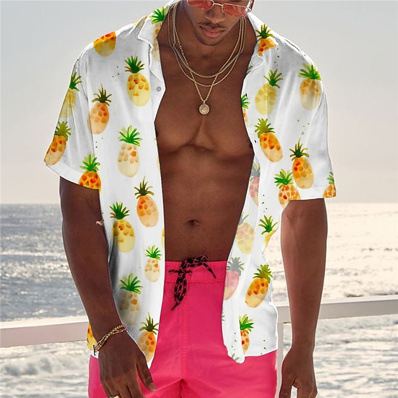 Men's Fruit Pineapple Graphic Prints Shirt Summer Hawaiian Shirt Short Sleeves Shirt Turndown Street Casual Light Yellow Yellow Purple Brown Green Print Button-Down Clothing Apparel Tropical Fashion
