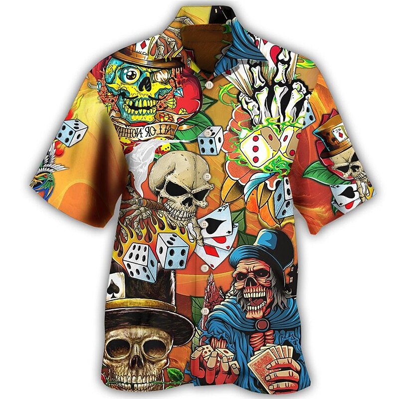 Halloween Mens Graphic Shirt Summer Hawaiian Skull Prints Poker Turndown Yellow Casual Holiday Short Sleeve Button Clothing Apparel Tropical Skulls Dice And Playing Cards Of The Dead Orange Cotton Gam2