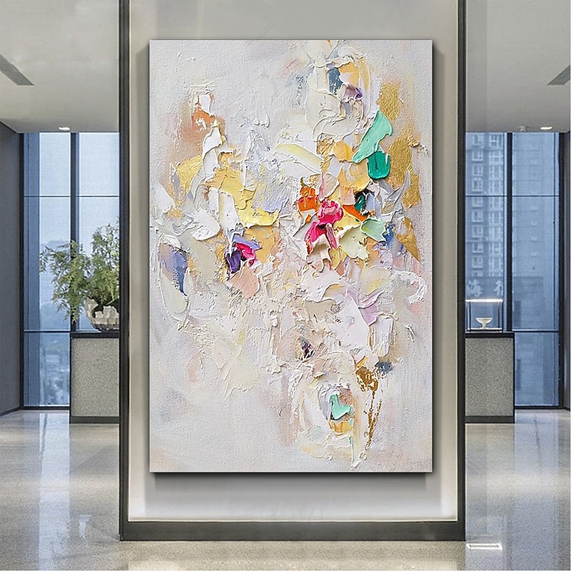Large Texture Abstract Oil Painting Colorful Painting White Textured Art Knife Painting Hand-painted Abstract Art Large Canvas Art Modern Art